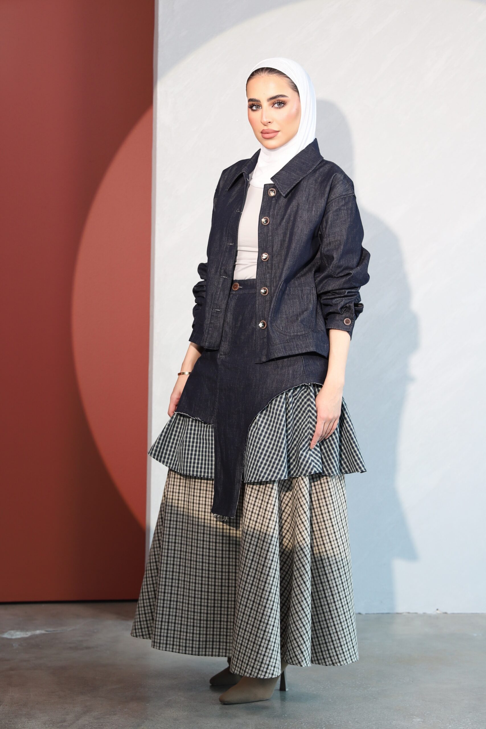 Layered denim skirt with jacket